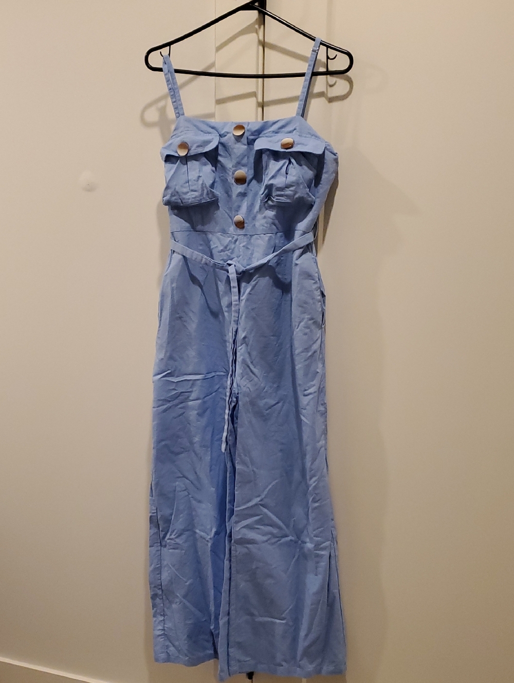Madison The Label- Light Blue Button-Front Wide Leg Jumpsuit Linen Blend Sz L